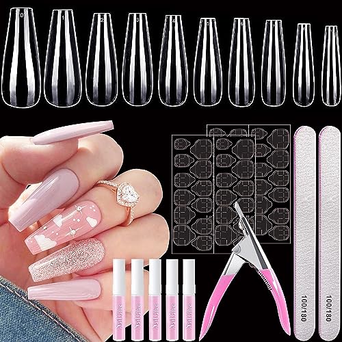 500 Pcs Coffin Nail Tips, AITRAI Long Nail Tips for Acrylic Nails Professional Clear Coffin Nail Tips Full Cover Ballerina False Nails Tips with Glue, Adhesive Tabs Acrylic Nail Clipper Files,10 Size