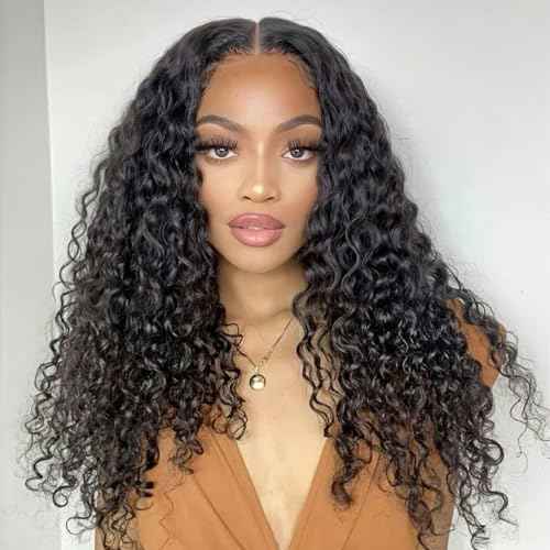 Water Wave Wear and Go Glueless Wigs Human Hair Pre Plucked Pre Cut 5 x 5 HD Lace Closure Wigs 200 Density Water Wave Lace Front Human Hair Wigs for Black Women Natural Black 18 Inch