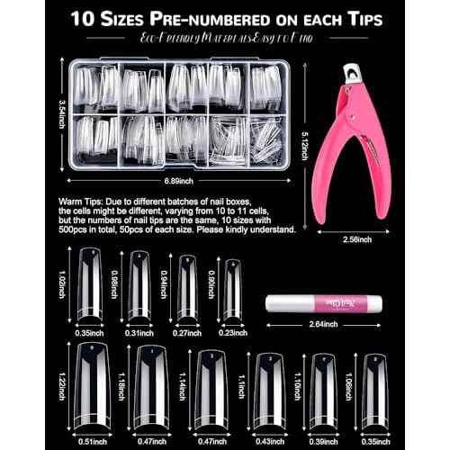 MORGLES Clear Acrylic Nail Tips, 500 Pcs French Nail Tips Square Half Cover with Glue, Clipper, Files and Cuticle Fork for Salons and Home DIY