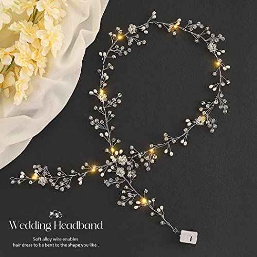 Yean Led Bride Wedding Hair Vine Long Light Up Bridal Headband Silver Crystal Hair Accessories Crystal Costume Party Headpiece for Women and Girls (100cm / 39.3inches)