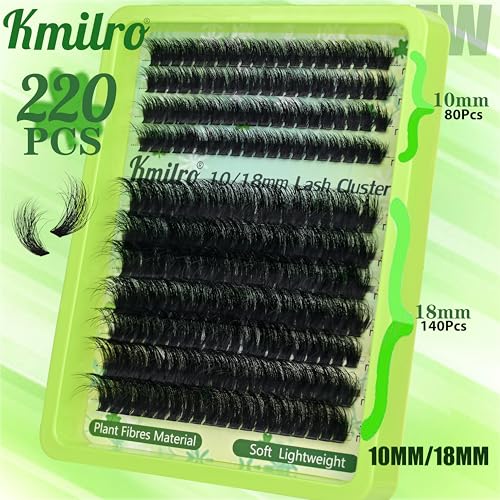 Kmilro Fluffy Lash Clusters Kit 10+18mm Thick Cluster Eyelash Extensions Kit 180D D Curl Volume DIY Lash Extension 220pcs Thin Band Soft Wispy Individual Lashes Kit with Bond and Seal Lash Tweezers