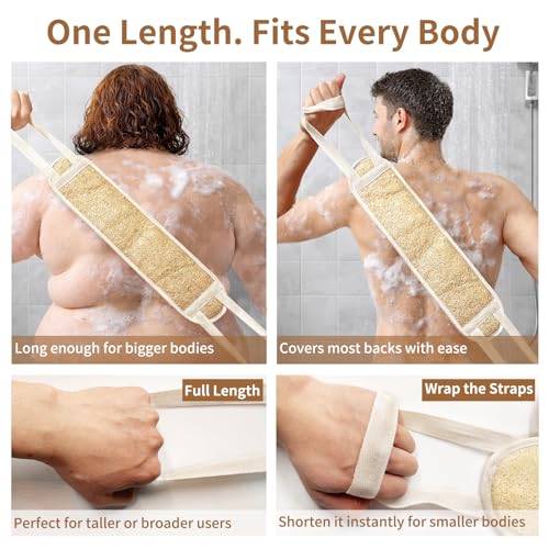 Natural Egyptian Loofah Back Scrubber for Shower,Extra Rough,Deep Exfoliating,Rich Foam,Quick Drying Dual-Handle Strap Exfoliator for Men and Women