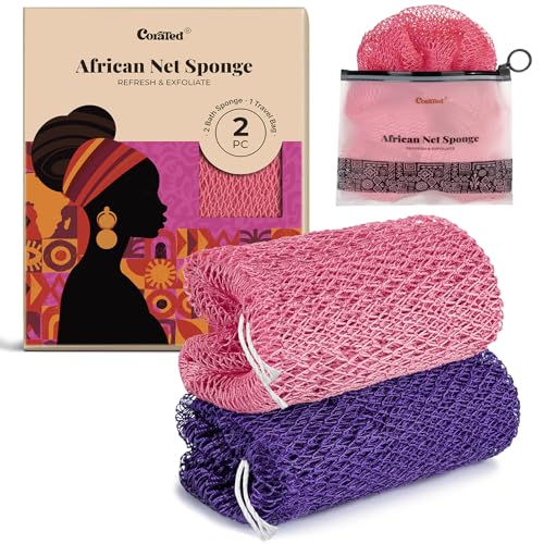 CORATED Pink & Purple African Net Sponge - Exfoliating Bath Loofah for Deep Cleansing