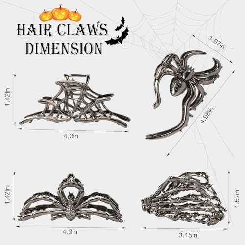 4 PCS Halloween Hair Claw Clips for Women Girls, Gothic Spider Black Metal Claw Clips, Non-Slip Hair Claws for Thick Thin Hair, Spider Web Skeleton Hand Skull Hair Clips, Spooky Hair Accessories Gifts