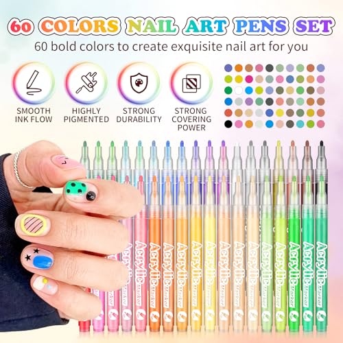 60 Colors Nail Art Pen Set,3D Acrylic Nails Art Markers Pens,Quick Dry Nail Doodle Pens for Home & Salon DIY Nail Art £¨1.0 mm Pen Nib£©