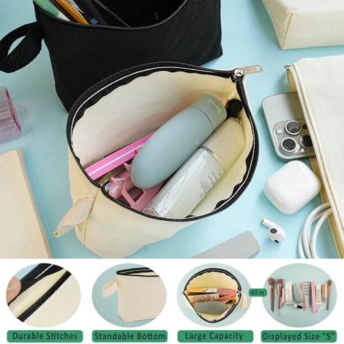 12PCS Canvas Makeup Bags Bulk, 12x8'' Large 12Oz Thick Cotton Canvas Zipper Pouches for Cosmetic Toiletries Oragization, Plain Beige Makeup Bag to Personalize (Beige, L, 12.2x7.4x 2.7'')