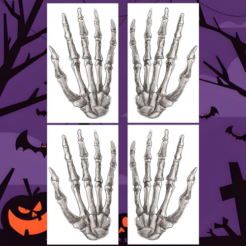 Halloween Skeleton Hand Temporary Tattoos - 4 Sheet Waterproof Set