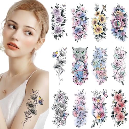 12 Sheet Large Flower Temporary Tattoo Sleeves for Women