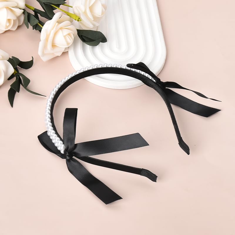 Pearl Bow Headband for Women Headband Accessories for Girls Black Headband with Bow Knot Beaded Hair Bands for Women's Hair Non Slip Ribbon Head Band Valentine's Day Hair Hoop Decorative Headband