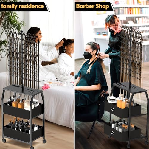 Portable Braiding Hair Rack with Wheels & Storage Drawers,280 Pegs Hair Extension Holder Hanger for Braiding Hair Separator Stand Display,Hair Rack with Stylist Hair braiding Tools(Black)