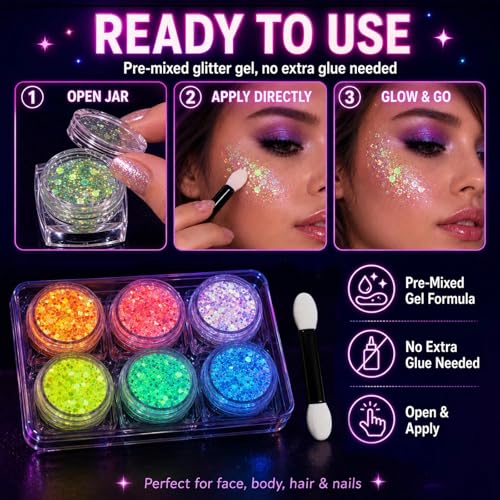Glow in the Dark Glitter Gel Set - 6 Colors for Body & Face