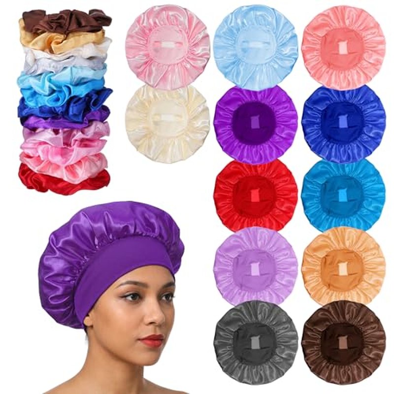 12Pcs Satin Sleep Bonnets for Curly Hair & Braids