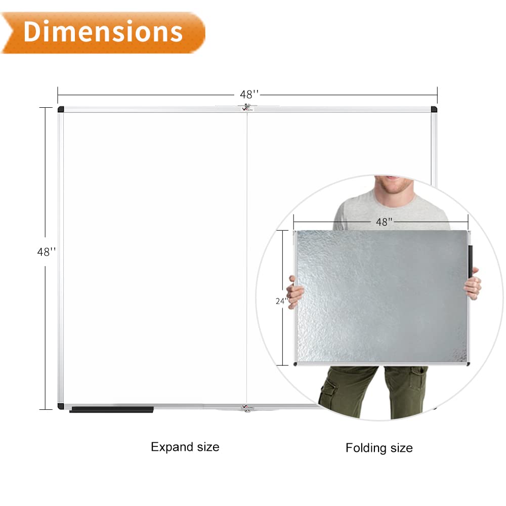 VIZ-PRO Large Dry Erase White Board/Magnetic Foldable Whiteboard, 48 X 48 Inches, Silver Aluminium Frame