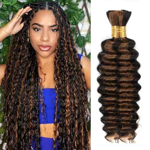 1B/30 Highlight Bronze Human Braiding Hair Deep Wave Bulk£¬Black and Gold No Weft Curly Braiding Hair Extensions for Boho Braids Wet and Wavy Braiding Human Hair Bundles(20inch,1B/30,100g)