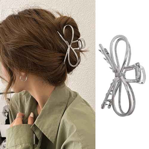 1Pcs Metal Silver Bow Hair Claw Clips - Large Fashion Hair Accessories for Women Girls, Strong Hold Alloy Elegant Jaw Grip Clips for Thin or Thick Hair Styling