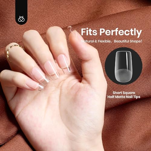 Beetles Nail Tips Etch X Gel Nail Tips 504Pcs Pre Filed Half Matte Short Square Full Cover Nail Tips False Fake Clear Acrylic Press on Nails for DIY Nail Extension and Salon Use