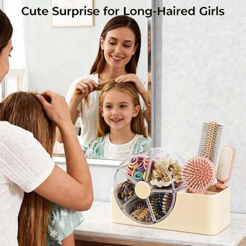 Cream Hair Accessories Organizer with Rotating 5-Section Wheel & 2-Slot Brush Holder