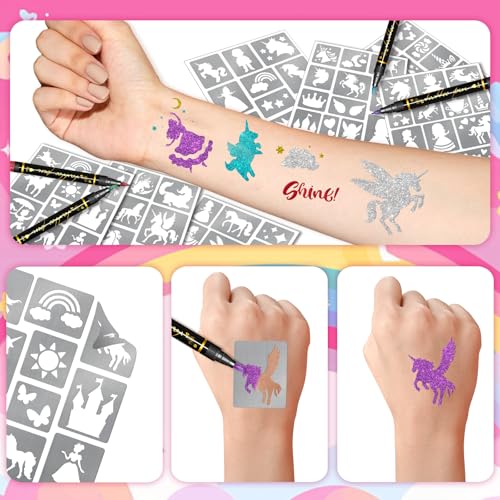Temporary Tattoo Markers + 142 Stencils for Kids