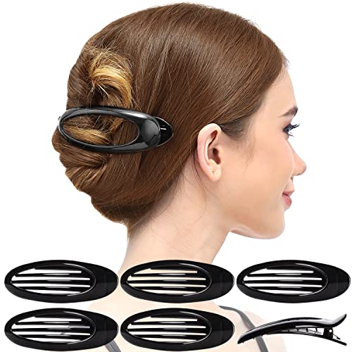 RC ROCHE ORNAMENT 6 Pcs Hair Clip Classic Oval Side Opening Slide Plastic Curve Flat Comb Inner Teeth Clamp Barrette Girls Ladies Beauty Accessory Grip, Large Black