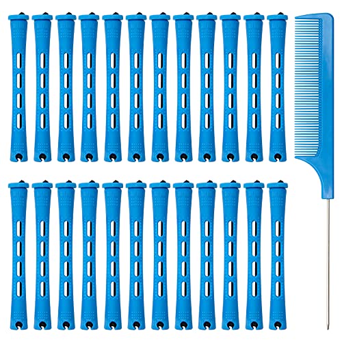 60PCS Hair Perm Rods Set - Blue Plastic Curlers with Steel Comb for Styling