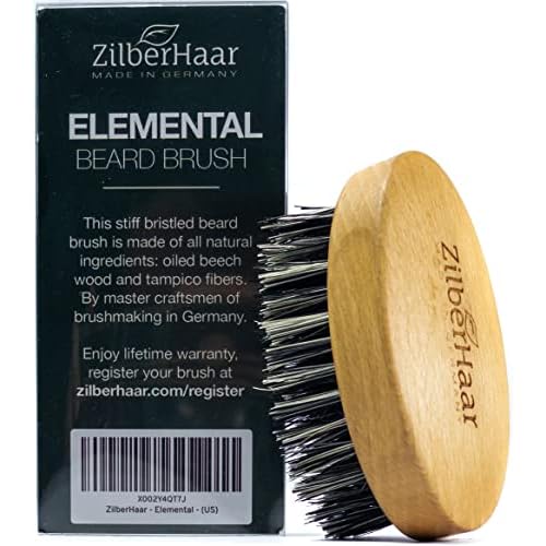 ZilberHaar - Elemental Beard Brush for Men and Mustache Brush - Stiff Natural Bristles and Beech wood - 100% Animal free - Made in Europe - 3 inches long