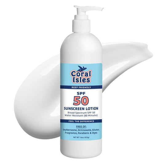 Coral Isles Sunscreen SPF 50 | Hawaii Compliant as Reef Safe | Octinoxate & Oxybenzone Free | Broad Spectrum UVA/UVB Protection | Water Resistant 80 Min. | Fragrance Free | 16 Fl Oz (Pack of 1))