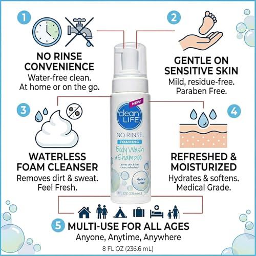 No-Rinse Foaming Body Wash - Waterless Cleanser, 8 fl oz