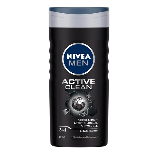 NIVEA MEN Hair, Face & Body Wash, Active Clean Shower Gel, 250ml