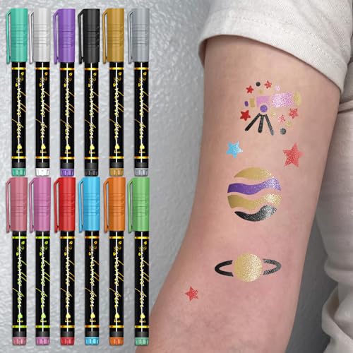 Temporary Tattoo Markers with Stencils - 12 Metallic Pens & 169 Designs