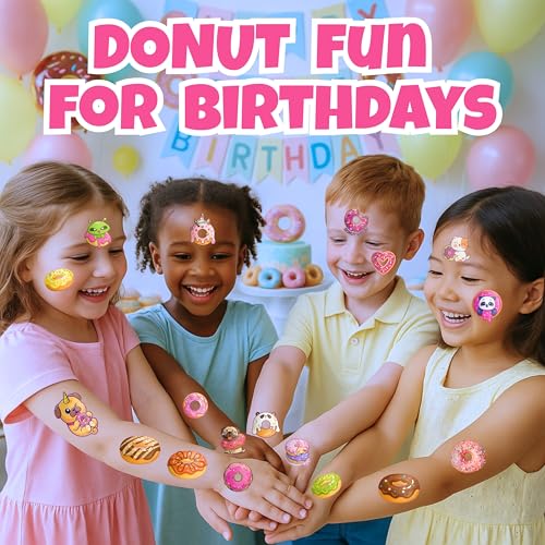 96PCS Donut Pre-Cut Temporary Tattoos for Kids - Cute Birthday Party Decorations, Stickers for Girls & Boys, Fun Party Favors, Classroom Prizes, Christmas Gifts, Themed Party Supplies