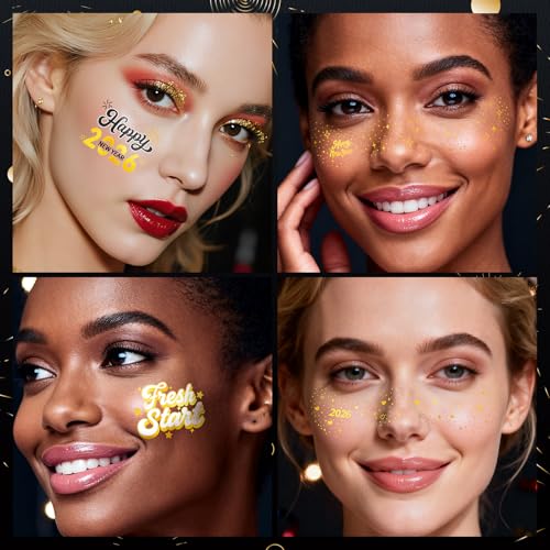 Cerlaza New Years Eve Party Supplies 2026, 40 Pcs Glitter Gold Freckles Face Temporary Tattoo, Happy New Year's Eve Decorations Nye Party Favors Accessories Gifts 2026 for Women