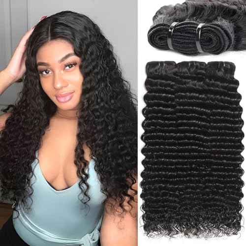 Deep Wave Human Hair Bundles 16 18 20 Inch Deep Curly Bundles Human Hair 12A Unprocessed Brazilian Virgin Weave 3 Bundles Double Weft Remy Hair Bundles Full and Thick