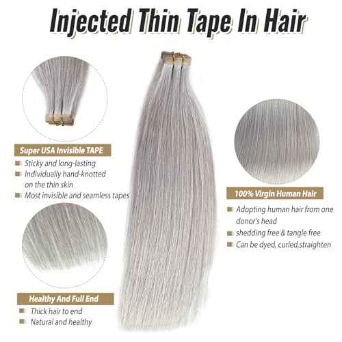 Silver Grey Tape in Hair Extensions Real Human Hair 24 Inch Invisible Seamless PU Tape in Hair Extensions Double Sided Silky Straight Human Hair 50/20pcs