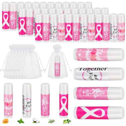 Fumete 100 Sets Breast Cancer Awareness Accessories Gifts Lip Balm Bulks Pink Ribbon Breast Cancer Awareness Items Decorations Natural Ingredients Survivor Gifts Items for Girl Women