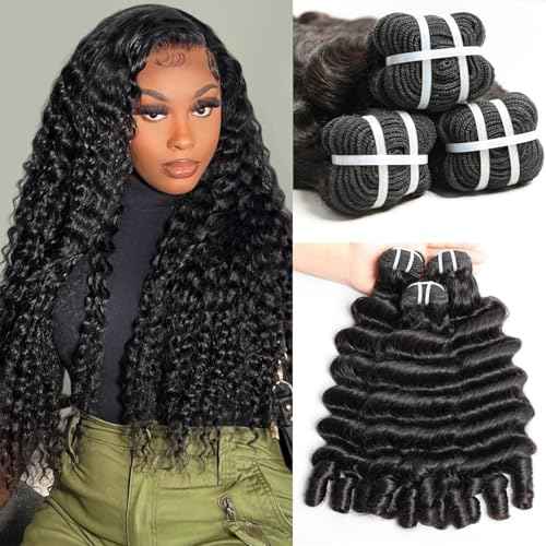 Burmese Deep Wave Bundles Human Hair 16 18 20 Inch 15A Unprocessed Brazilian Raw Virgin Hair 3 Bundles 3C4A Deep Wave Curly Bundles Human Hair with Spiral Curl Double Weft Natural Color