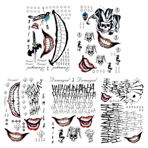 Clown Prince Temporary Tattoos – 5 Large Sheets Evil Smile & Jester Design