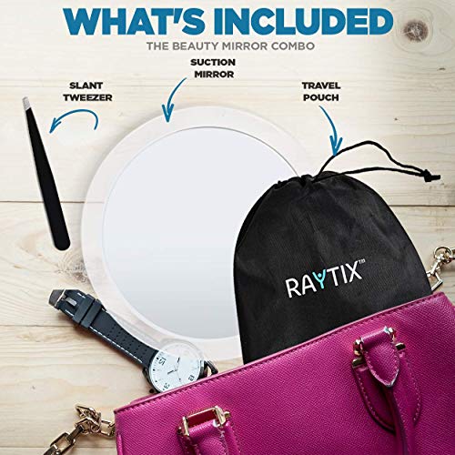 10X Magnifying Mirror & Slant Tweezers Set Makeup Application & Eyebrow Removal Essentials | Round Mirror With 3 Suction Cups & Stainless Steel Slant Tip Tweezer Use for Makeup Application 6 Inch