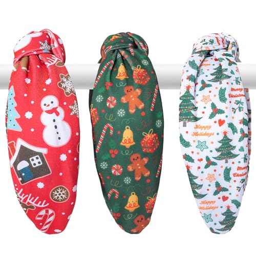 3Pcs Christmas Headbands for Women, Snowflake Santa Snowman Xmas Tree Holiday Knot Hair Hoops, Festive Gift Hair Accessory (Green)
