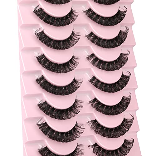 Newcally Lashes Nautral Look False Eyelashes Russian Strip Lashes Mink Wispy Lashes Pack D-curly Thick Full Volume Cat Eye Lashes Look Like Extensions 10 Pairs