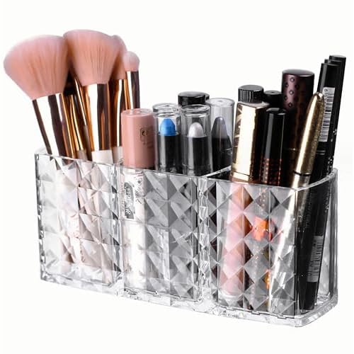KNC 3 Compartment Acrylic Cosmetic Brushes Storage,Makeup Brush Holder Organizer,Perfect Bathroom Vanity Storage Solution for Makeup Brushes,Eyebrow Pencils,Lipsticks,Nail Polishes, and More