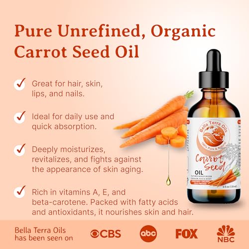Bella Terra Oils - Organic Carrot Seed Oil 8 oz - Unveiling Organic Carrot's Enzymes & Nutritional Benefits, A Cold-Pressed Delight for a Natural Skin Glow