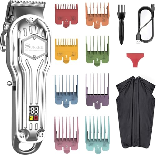 SURKER Silver Cordless Hair Clippers for Men, Rechargeable Professional Trimmer with LED Display
