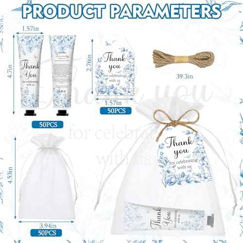 50 Sets Blue Flower Baby Shower Hand Cream Set, Favors Party for Guests Bridal Wedding Gift Bulk Baby Shower Travel Size Hand Cream Blue Flower with Thank You Card and Organza Gift Bags(blue flower)