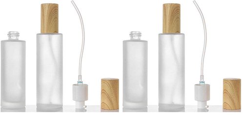 2PCS 120ml/4oz Empty Clear Frosted Glass Cosmetic Lotion Bottle with Plastic Wood-Grain Lid Refillable Travel Toiletries Container Pump Dispenser Vials Pot Jars for Foundation Emulsion Oil (Pack of 2)