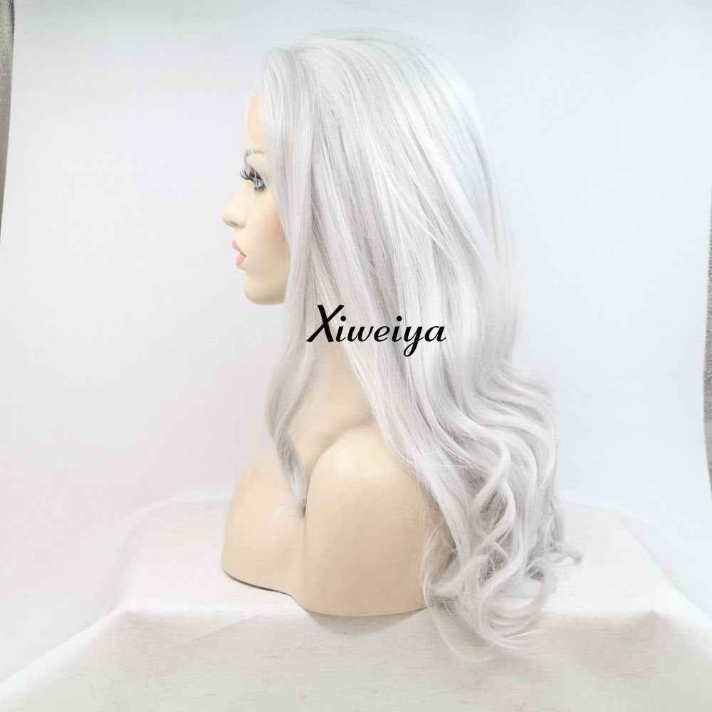 Xiweiya Wigs Silver Synthetic Lace Front Wig Platinum Grey Color Hair Heat Resistant Fiber Hair Side Part Body Wave Silver White Synthetic Lace Front Wigs for Women Makeup Cosplay Party Wig