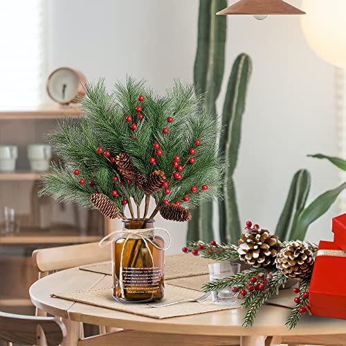 Sggvecsy 5 Pack Christmas Berries Pine Picks Artificial Red Berry Pine Branches Long Faux Pine Stem with Pinecones for Xmas Tree Wreath DIY Craft Floral Arrangement Holiday Season Decor