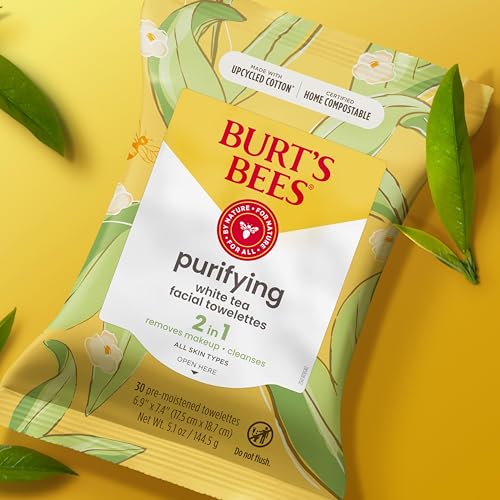 Burt's Bees White Tea Face Wipes, for All Skin Types, College Back to School Dorm Essentials, Hydrating Makeup Remover & Facial Cleansing Towelettes, 30 Ct, (Pack of 6)