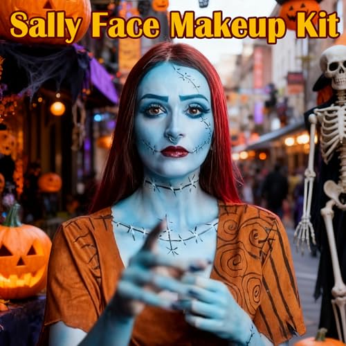 Sally Costume Makeup Kit - Light Blue Face Paint, Red Lipstick & Eyeliner