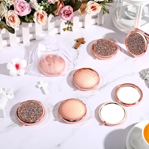 Geetery 10 Set Christian Gifts for Church Group Women Lady Mom Friend Bulk Rhinestone Sisters in Christ Compact Mirror Pocket Religious Faith Bible Verse Party Favors for Easter Mother Day(Rose Gold)