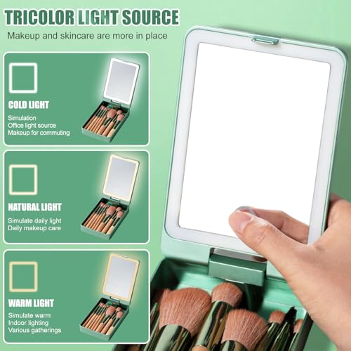BS-MALL Travel Makeup Brush Set ? 14 Pcs Foundation Powder Concealers Eye Shadows with LED Light Mirror, Green